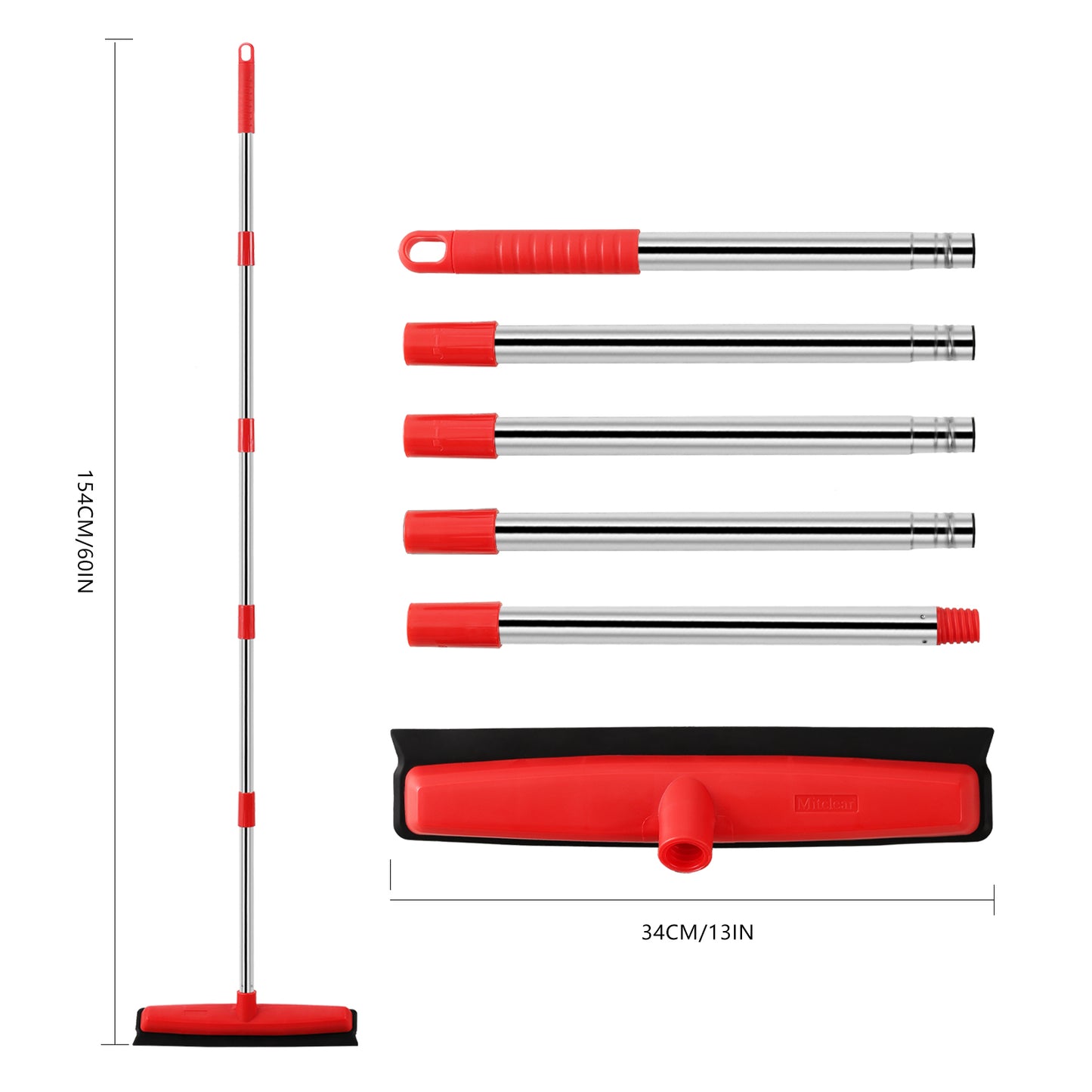 Mitclear Rubber Broom with Long Handle(60IN), Indoor Floor Brush with Built in Squeegee(13IN)