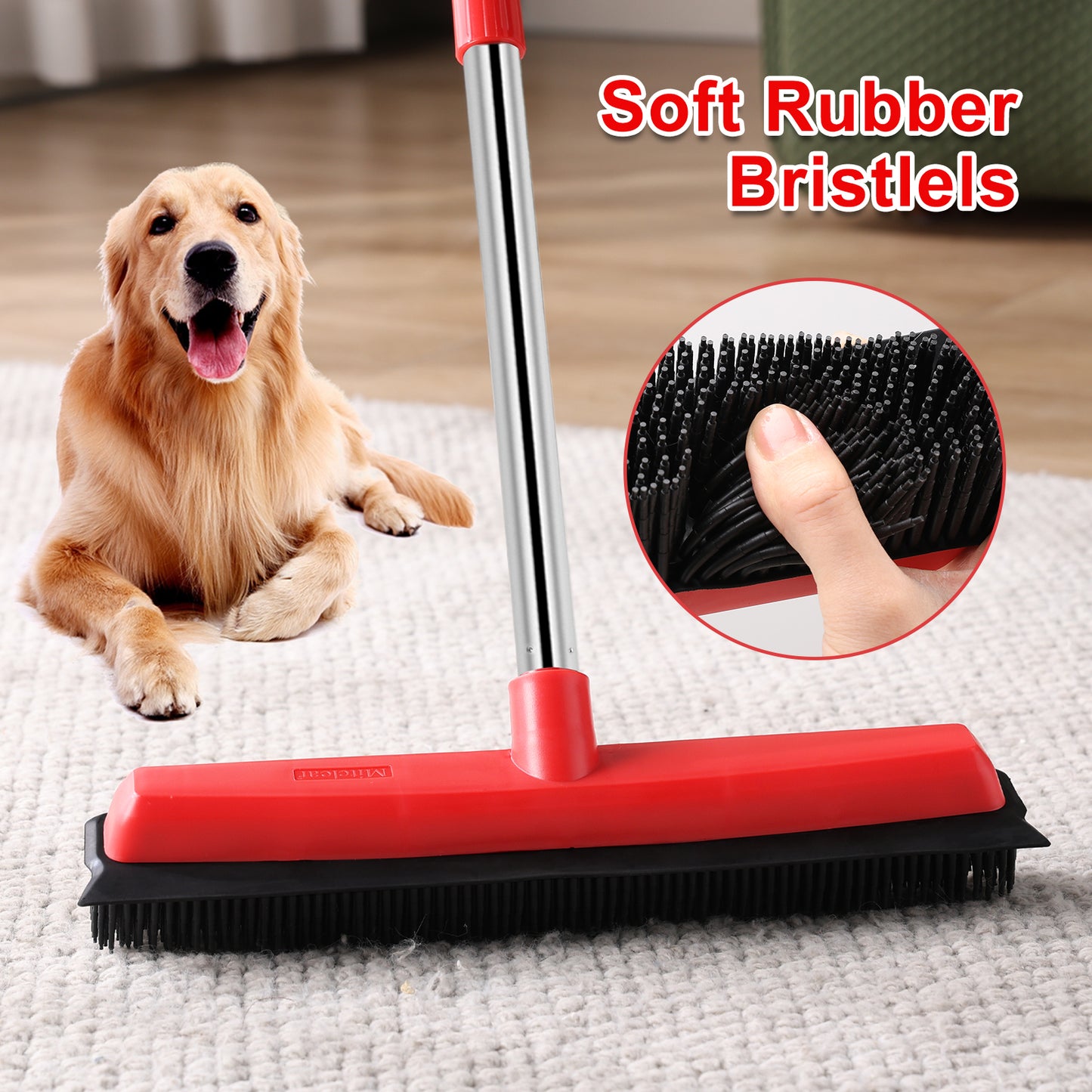 Mitclear Rubber Broom with Long Handle(60IN), Indoor Floor Brush with Built in Squeegee(13IN)