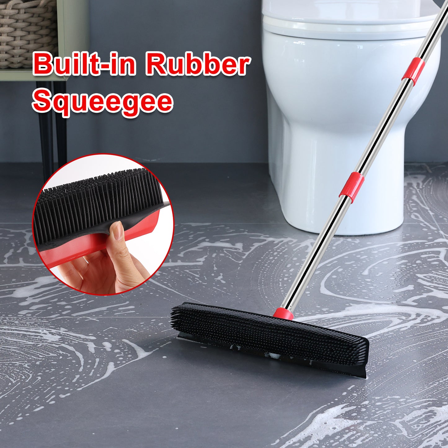 Mitclear Rubber Broom with Long Handle(60IN), Indoor Floor Brush with Built in Squeegee(13IN)
