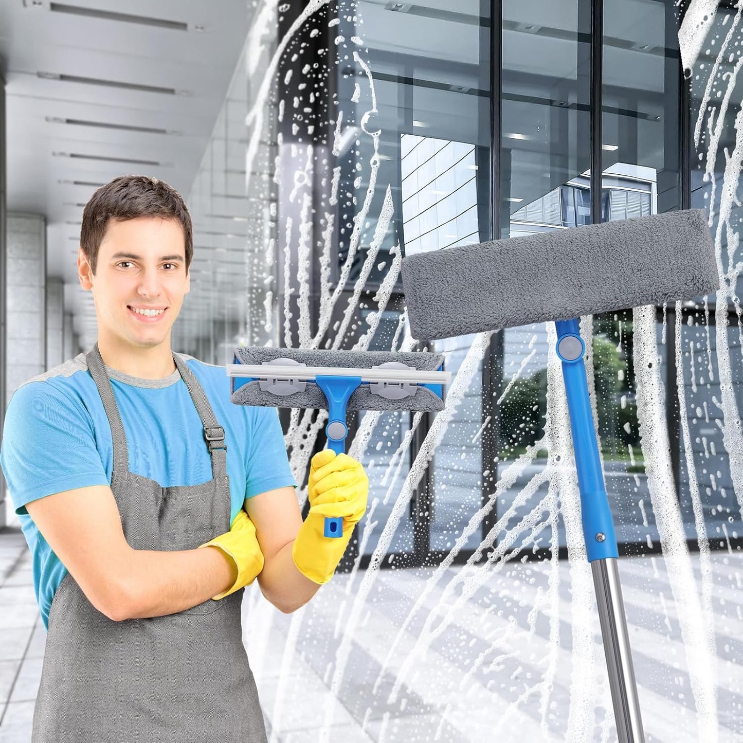 Mitclear Window Squeegee, Window Cleaner Tool with 15.5Ft Extension Pole, 2-in-1 Squeegee for Window Cleaning