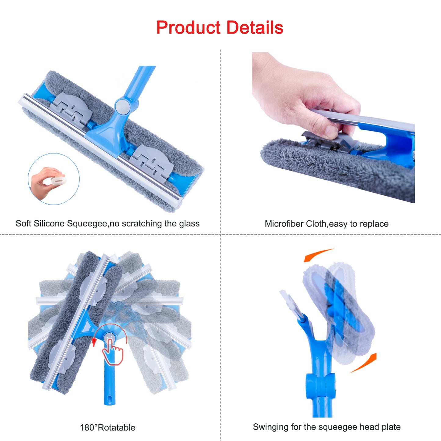 Mitclear 3 in 1 Telescopic Window Squeegee Glass Cleaning Tool(12")